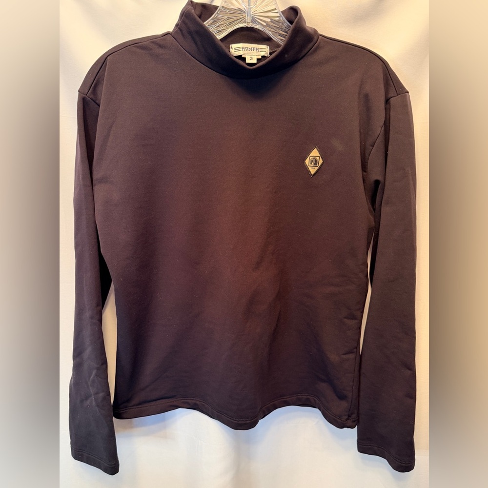 Romfh Women’s Size 2 Mock Neck Long Sleeve Shirt Black Equestrian‎ Horse Crest